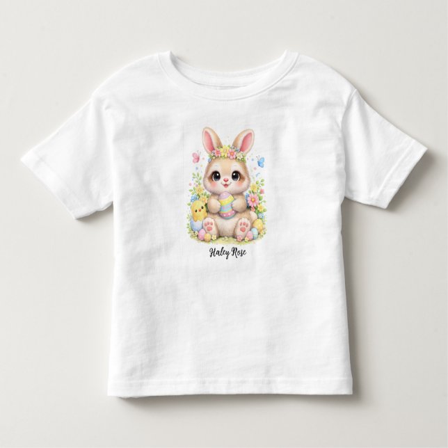 Cute Easter Bunny Holding Eggs with Flowers Toddler T-shirt (Front)