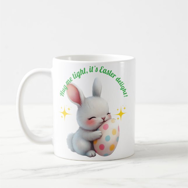 Cute Easter Bunny Hugging Colorful Egg Coffee Mug (Left)
