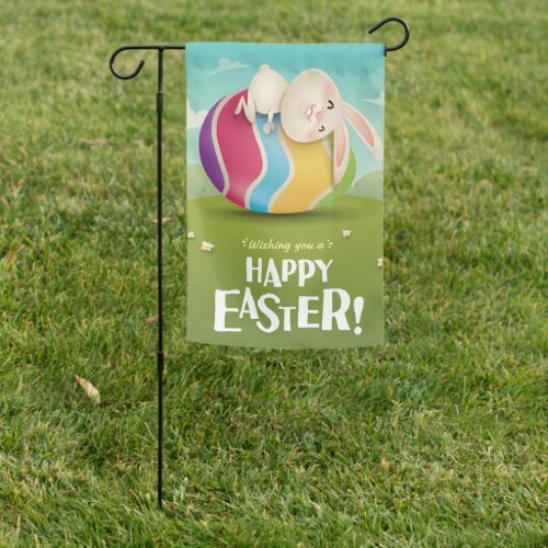 Cute Easter Bunny Hugging Striped Egg Garden Flag