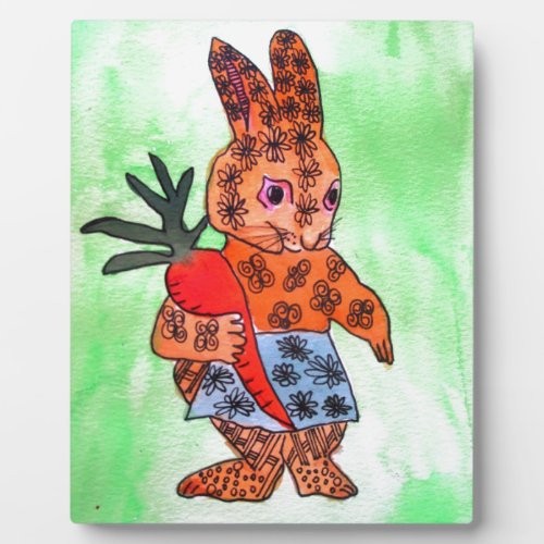 Cute Easter bunny illustration with orange carrot Plaque