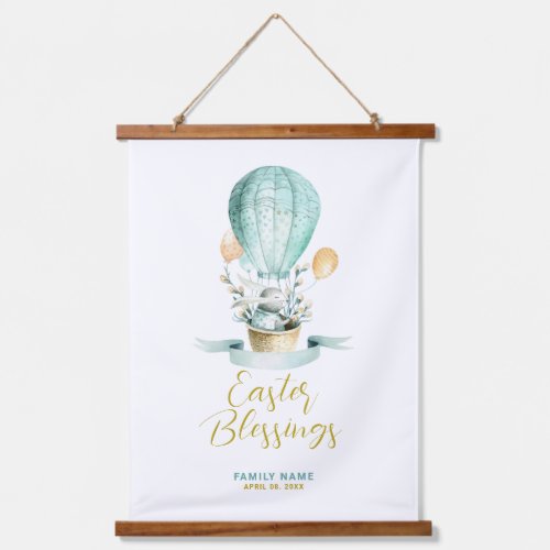 Cute Easter Bunny in a Hot Balloon Custom Text Hanging Tapestry