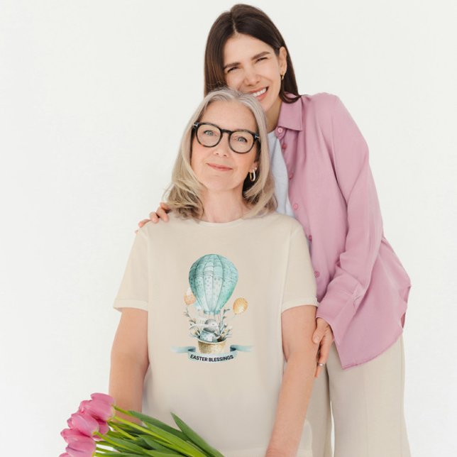 Cute Easter Bunny in a Hot Balloon, Custom Text T-Shirt (Creator Uploaded)