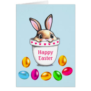 Cute Easter Bunny in a Plant Pot & Colorful Eggs