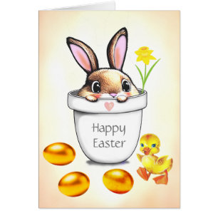 Cute Easter Bunny in a Plant Pot & Golden Eggs Cards