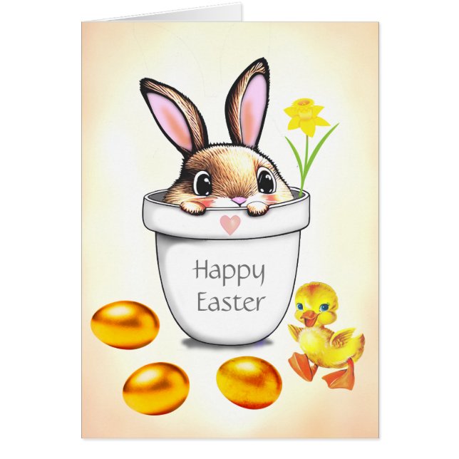 Cute Easter Bunny in a Plant Pot & Golden Eggs Cards (Front)