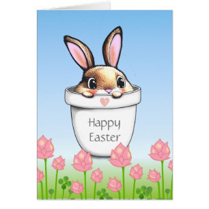 Cute Easter Bunny in a Plant Pot & Pink Flowers Cards