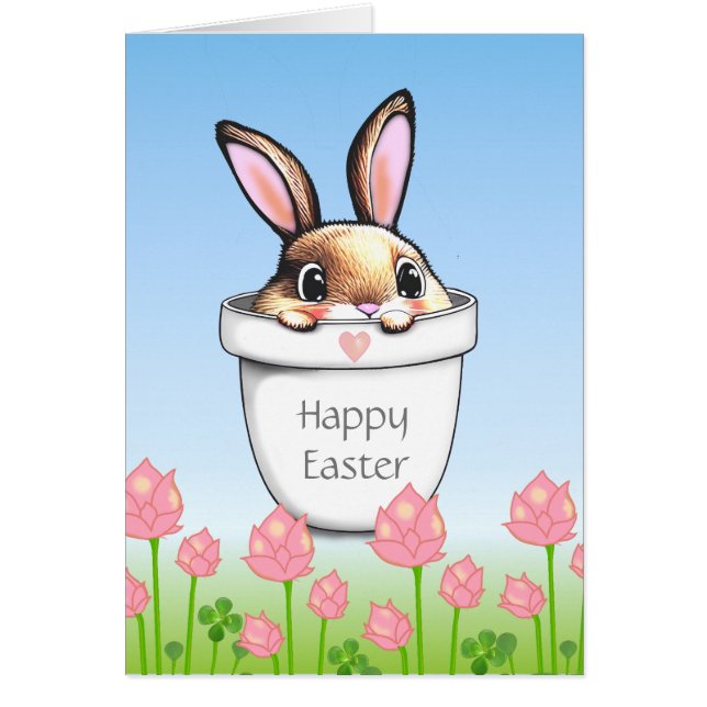 Cute Easter Bunny in a Plant Pot & Pink Flowers Cards (Front)