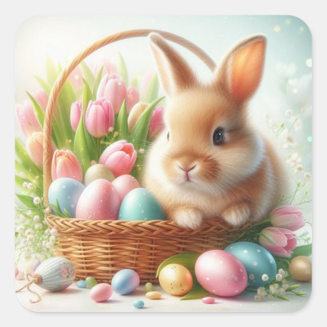 Cute Easter Bunny in a Whicker Basket Square Sticker (Front)
