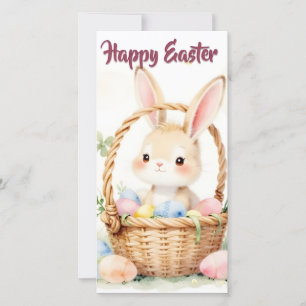 Cute Easter Bunny in Basket with Colorful Eggs
