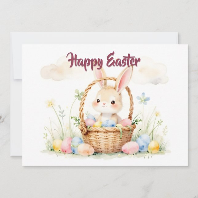Cute Easter Bunny in Basket with Colorful Eggs (Front)
