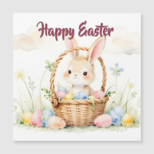 Cute Easter Bunny in Basket with Colorful Eggs