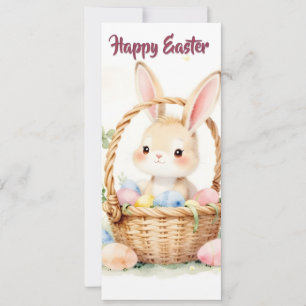 Cute Easter Bunny in Basket with Colorful Eggs