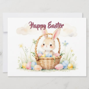 Cute Easter Bunny in Basket with Colorful Eggs