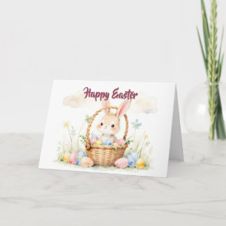 Cute Easter Bunny in Basket with Colorful Eggs Card