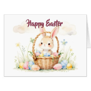 Cute Easter Bunny in Basket with Colorful Eggs Card
