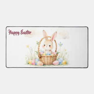 Cute Easter Bunny in Basket with Colorful Eggs Desk Mat