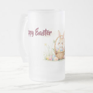 Cute Easter Bunny in Basket with Colorful Eggs Frosted Glass Beer Mug