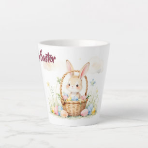 Cute Easter Bunny in Basket with Colorful Eggs Latte Mug
