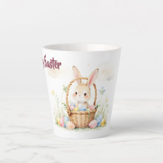 Cute Easter Bunny in Basket with Colorful Eggs Latte Mug