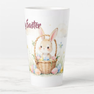 Cute Easter Bunny in Basket with Colorful Eggs Latte Mug