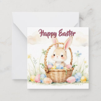 Cute Easter Bunny in Basket with Colorful Eggs Note Card