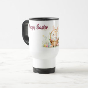 Cute Easter Bunny in Basket with Colorful Eggs Travel Mug