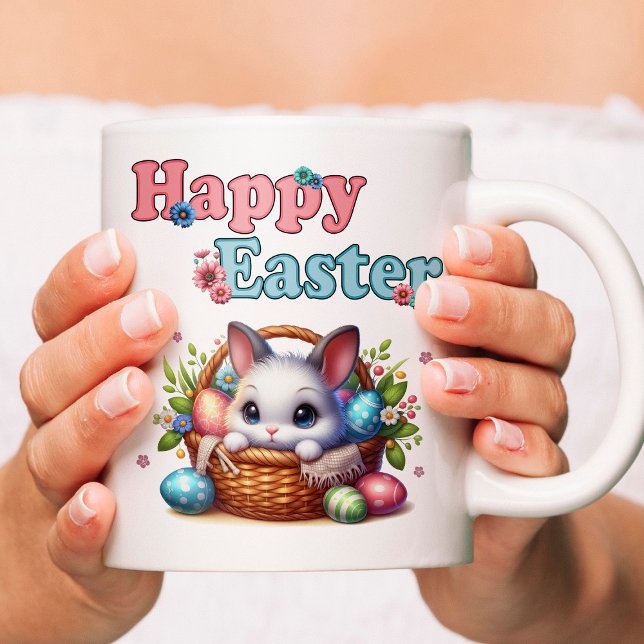 Cute Easter Bunny in Basket with Eggs and Flowers Coffee Mug (Cute Easter Bunny in Basket with Eggs and Flowers. Coffee Mug)
