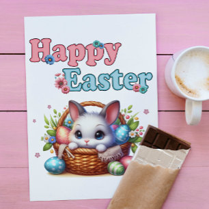 Cute Easter Bunny in Basket with Eggs and Flowers Postcard