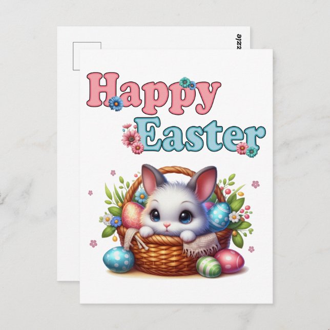 Cute Easter Bunny in Basket with Eggs and Flowers Postcard (Front/Back)