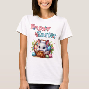 Cute Easter Bunny in Basket with Eggs and Flowers T-Shirt