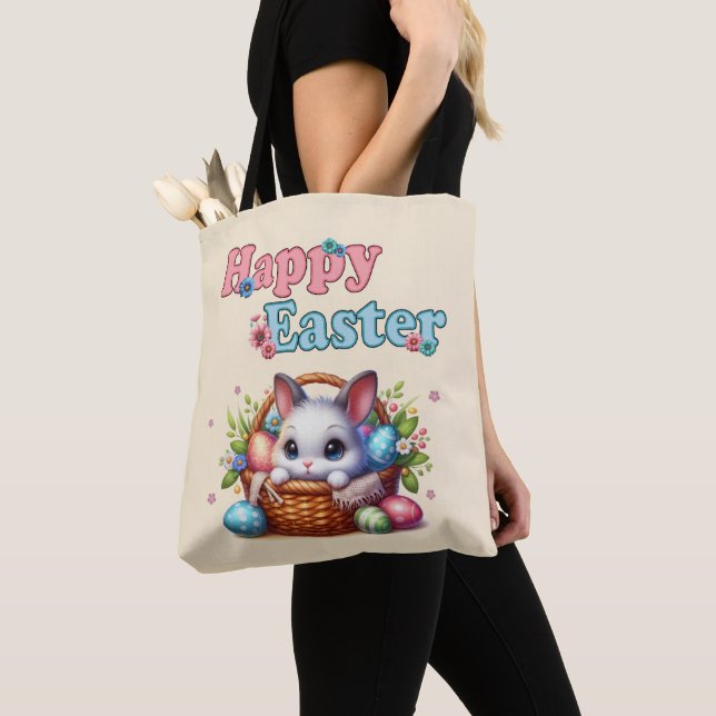 Cute Easter Bunny in Basket with Eggs and Flowers Tote Bag (Close Up)