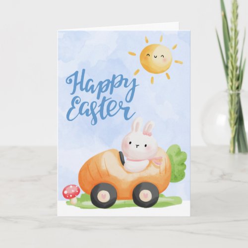 Cute Easter Bunny in Carrot Car Holiday Card