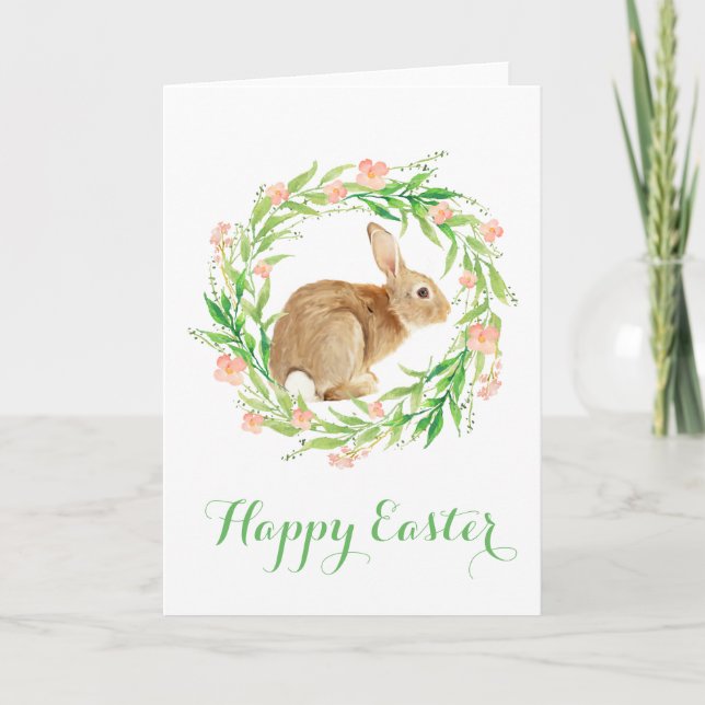 Cute Easter Bunny in Floral Wreath Holiday Card (Front)