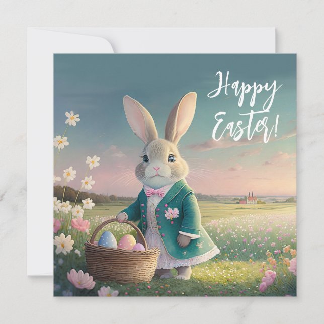 Cute Easter bunny in little blue jacket Holiday Card (Front)