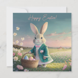 Cute Easter bunny in little blue jacket Holiday Card
