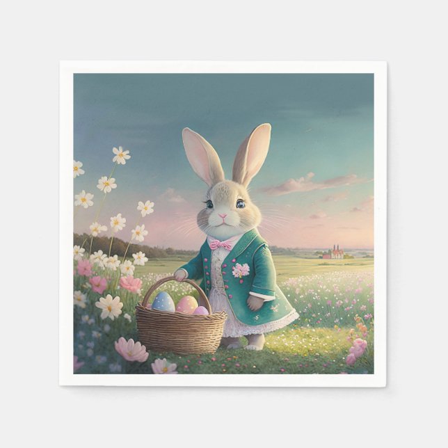 Cute Easter bunny in little blue jacket Napkins (Front)