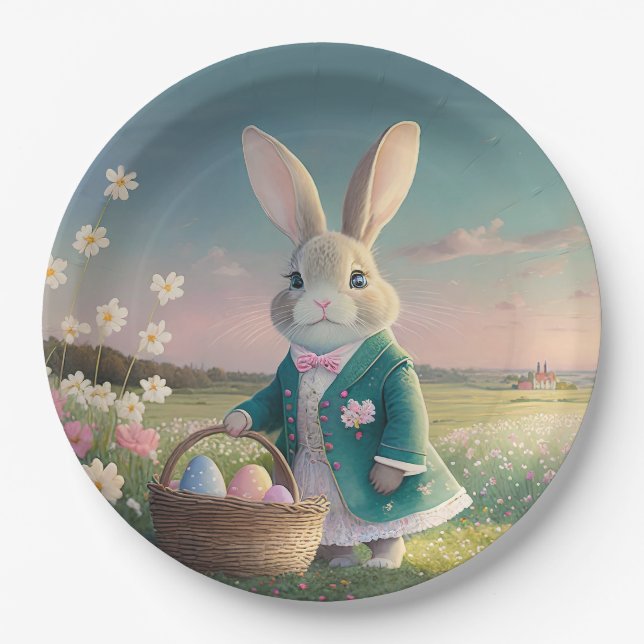 Cute Easter bunny in little blue jacket Paper Plates (Front)