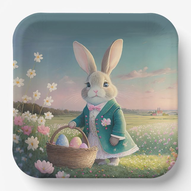 Cute Easter bunny in little blue jacket Paper Plates (Front)