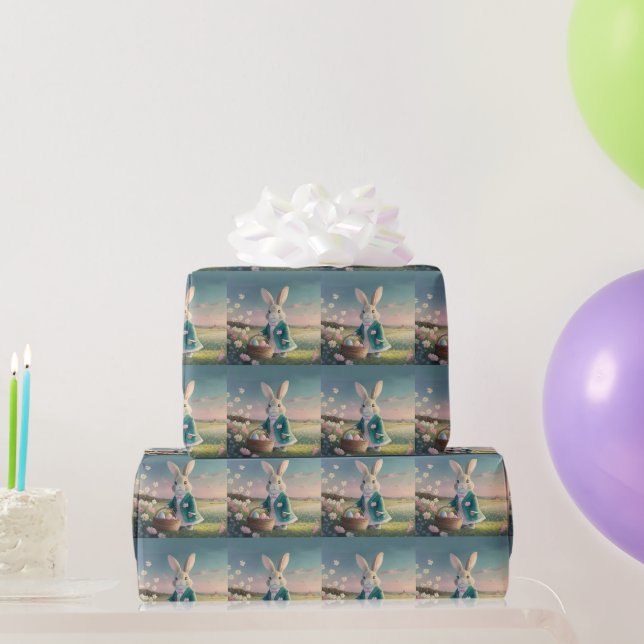 Cute Easter bunny in little blue jacket Wrapping Paper (Party Gifts)