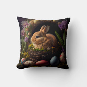 Cute Easter Bunny in nest and eggs around Throw Pillow