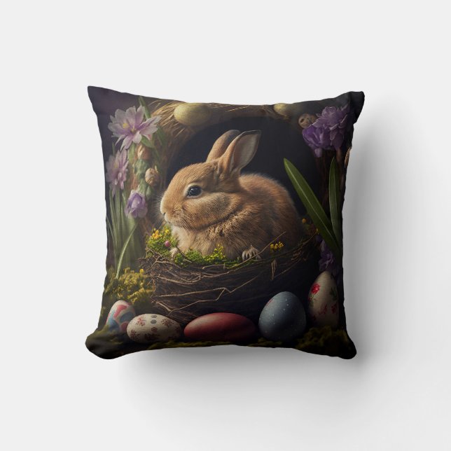 Cute Easter Bunny in nest and eggs around Throw Pillow (Front)