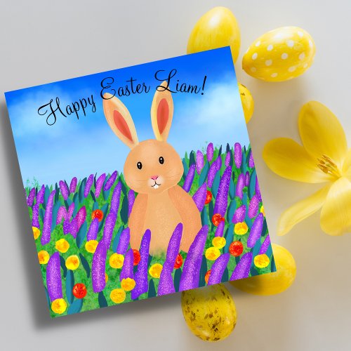 Cute Easter bunny in the flowers Card