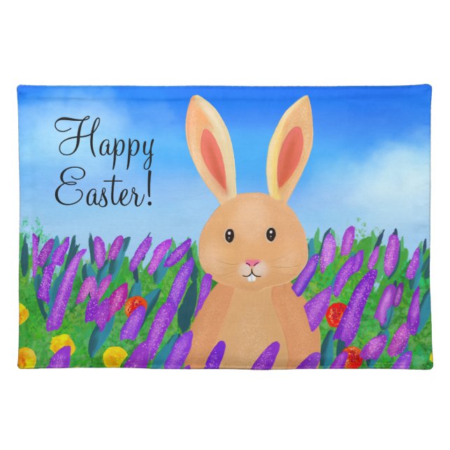 Cute Easter bunny in the flowers Cloth Placemat (Front)