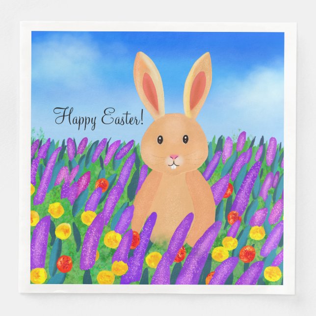 Cute Easter bunny in the flowers Paper Dinner Napkins (Front)