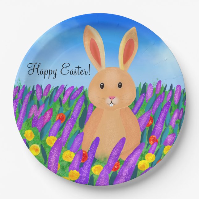 Cute Easter bunny in the flowers Paper Plates (Front)