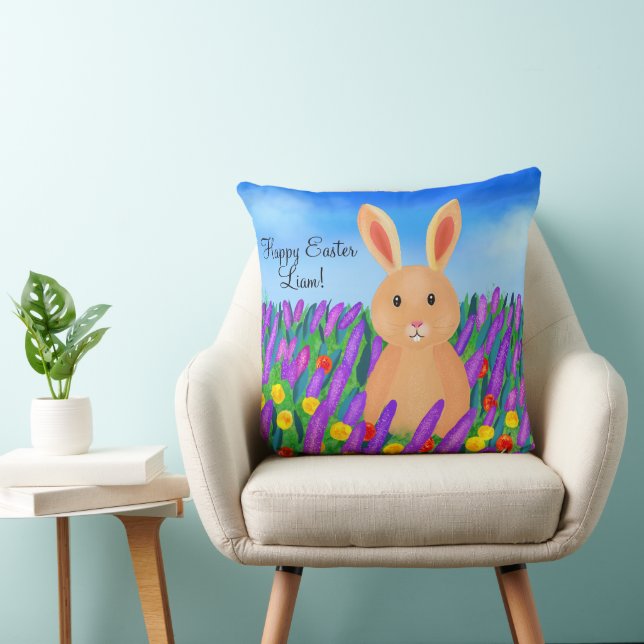 Cute Easter bunny in the flowers Throw Pillow (Chair)