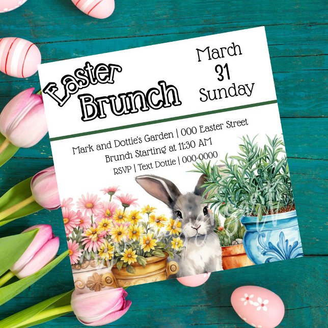 Cute Easter Bunny In the Garden Easter Brunch Invitation (Easter bunny in the garden customizable Easter Brunch party invitations. )
