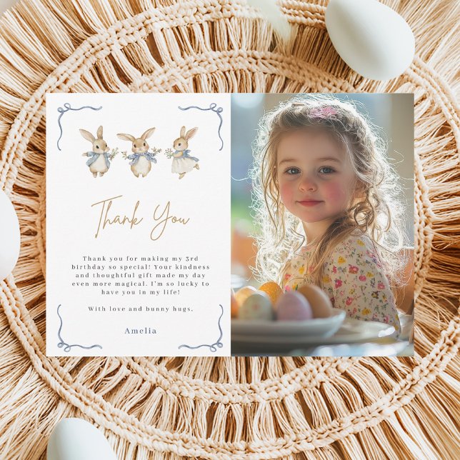 Cute Easter Bunny Kid 3rd Birthday Party Photo Thank You Card (Creator Uploaded)