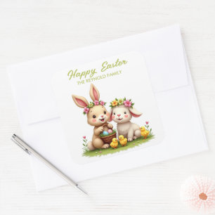 Cute Easter Bunny & Lamb Chicks & Spring Flowers Square Sticker