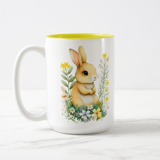 Cute Easter Bunny & Monogram on White Two-Tone Coffee Mug (Left)